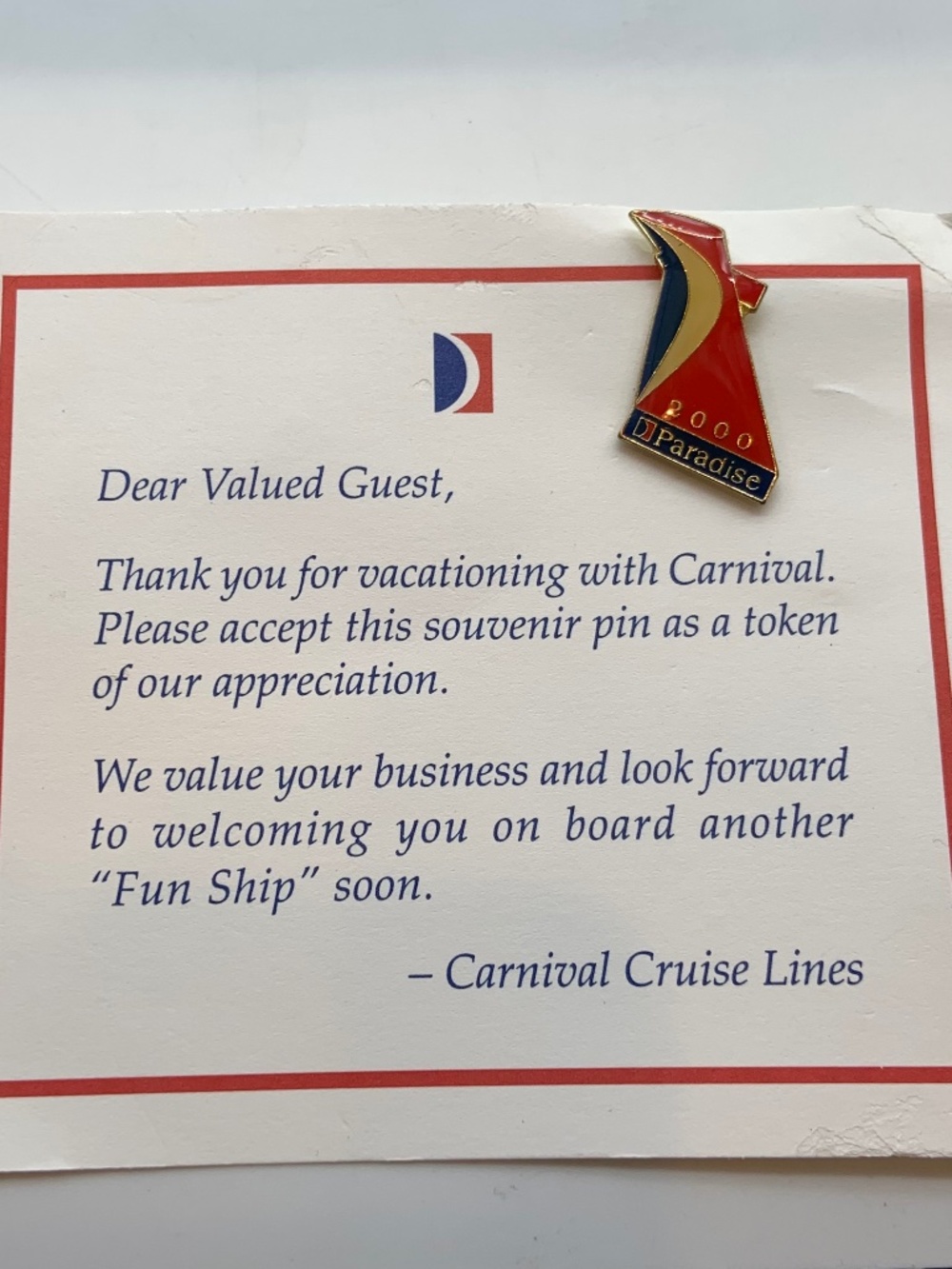 VTG Carnival Cruise Lines Carnival Paradise Collectible Lapel Pin and Card 2000